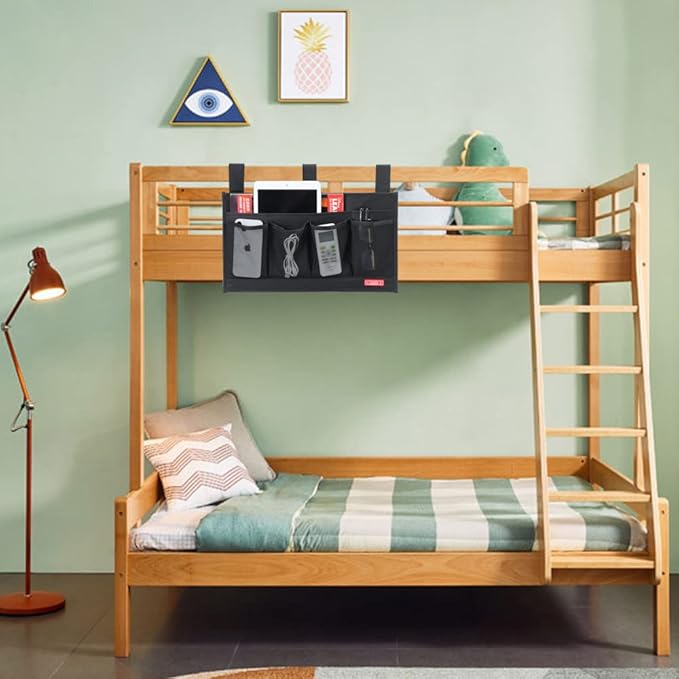 Hanging Bedside Caddy, Bedside Storage Organizer for Magazine, Phone, Remote control (6 Pockets-Black)