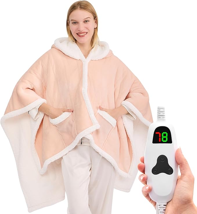 greenoak Wearable Heated Throw Blanket Electric Shawl - Heated Robe Poncho Blanket Hoodie for Adult, Winter Gifts for Mom Women Girlfriend Grandma, Warm Sherpa with Pockets, 5-Position Timer,Pink