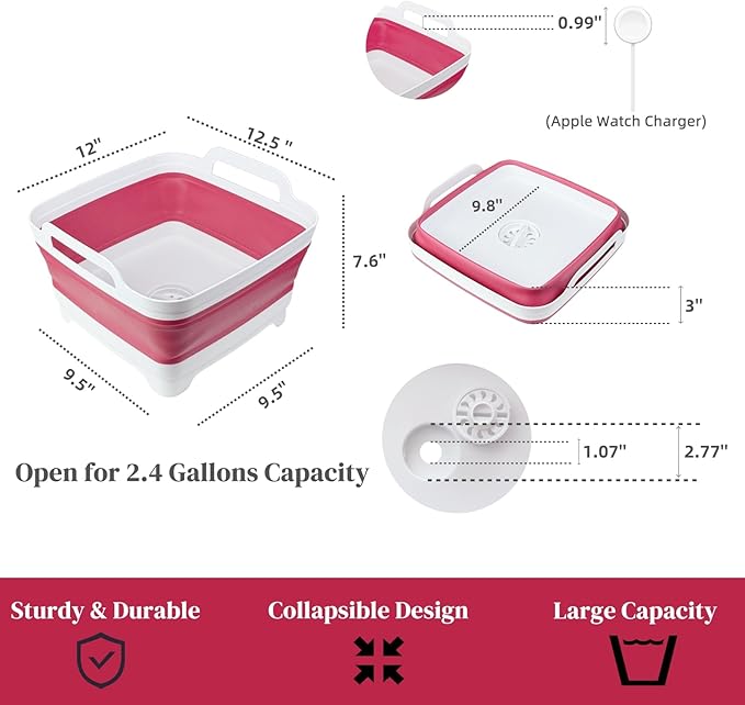 Collapsible Wash Basin for Baby Bottles - 2.4 Gallons Portable Dish Basin for RV Camping Sink, Space-Saving Dish Tub For Bottle Washing (Viva Magenta)