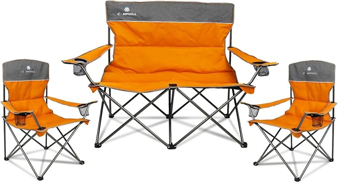 Camping Chair Set of 3, Outdoor Folding Camping Chairs for Heavy People with Cup Holder & Carry Bag,Collapsible Chair Include One Sofa Chair and Two Single Chair,Support up to 500lbs