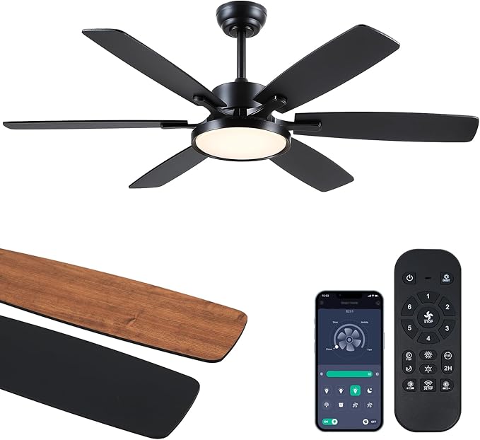 52“Ceiling Fan with Light,Black Ceiling Fans with Light and Remote for Bedroom with DC Motor,6-Blade,3CCT,Surper Bright Dimmable LED Ceiling Light with Fan for Livingroom Patio Use,Indoor/Outdoor