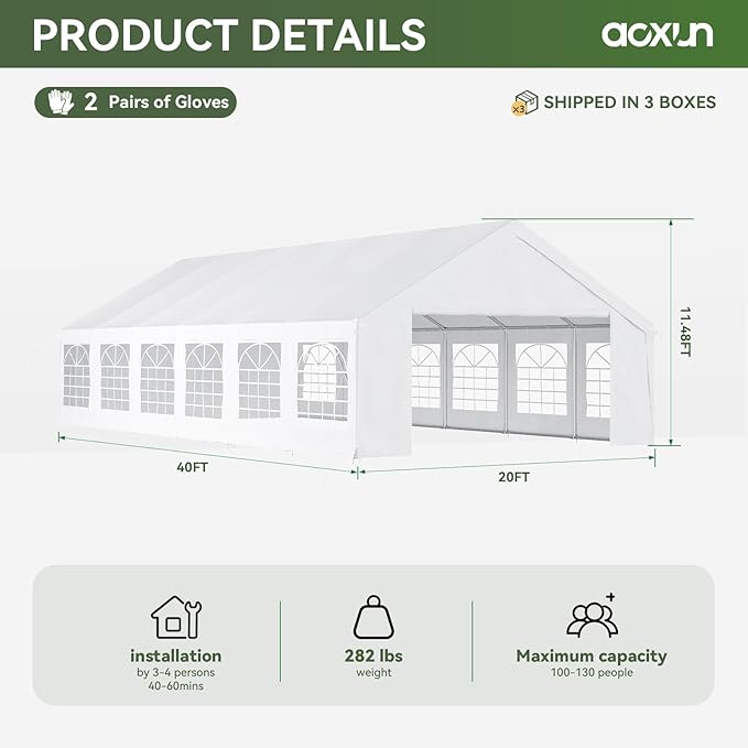 Aoxun 20x40 Party Tent Canopy for Weddings Waterproof Event Tent with Removable Sidewalls &Roll-up Door, Heavy-Duty Steel Frame for Outdoor Weddings, BBQ, Birthday Parties, & Camping,White
