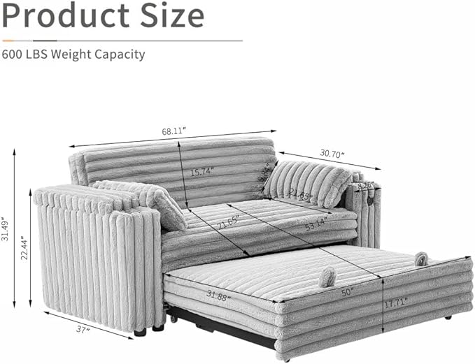 68.11" Corduroy Sleeper Chair Bed with USB Port, Cup Holders & Side Storage Pockets – 3-in-1 Foldable Sofa Bed for Guest Room, Living Room– Gray