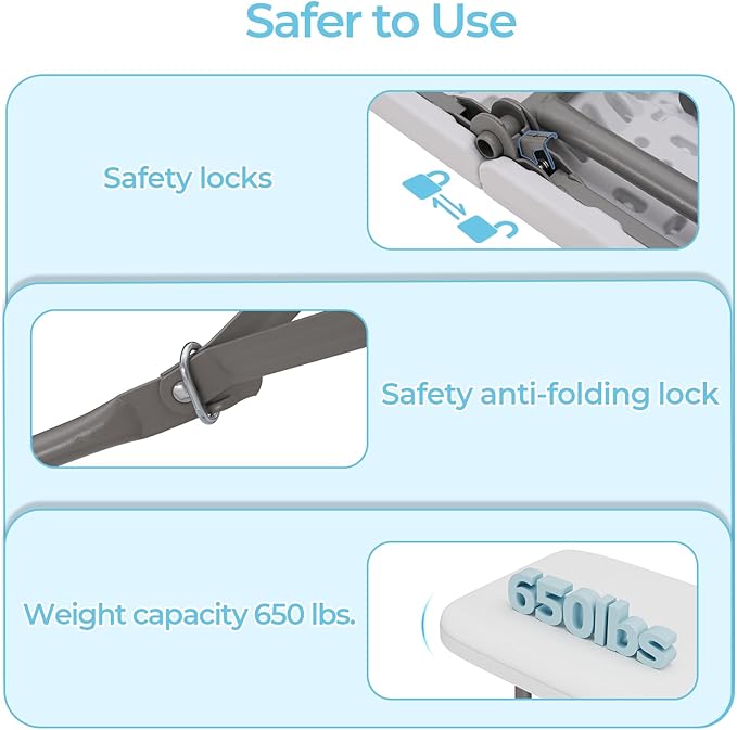 6ft HDPE Folding Bench, Foldable Seat with Sturdy Frame and Security Lock for Indoor and Outdoor, Multipurpose Entertaining Activities, Portable and Easy to Store, 2 Pack, White