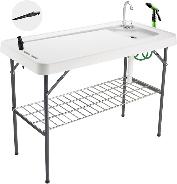 Folding Fish Cleaning Table Portable Camping Sink with Faucet Drainage Hose & Sprayer Outdoor Fillet Station Grid Rack Knife Groove for Picnic Fishing, Black