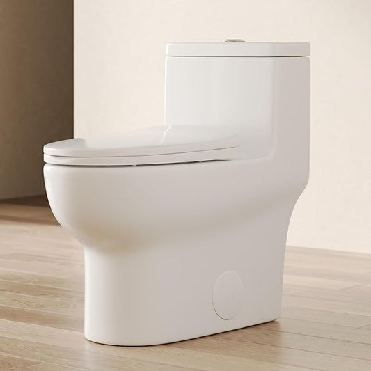 DeerValley DV-1F026-W One Piece Toilet with White Button,12'' Rough-In Standard Bathroom Toilet, Dual Flush 0.8/1.28 GPF Elongated Toilet with Soft Close Seat
