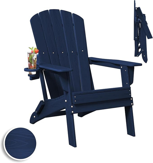 Folding Adirondack Chair, SGS Tested, Wooden Textured with Cup Holder, Heavy All-Weather HDPE Comfortable Set Poolside Backyard Lawn Navy Blue