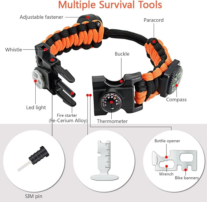 20 in 1 Survival Paracord Bracelet Adjustable Gear Kit with SOS LED Light, Fire Starter, Bigger Compass, Survival Whistle, Perfect for Camping, Hiking, Fishing