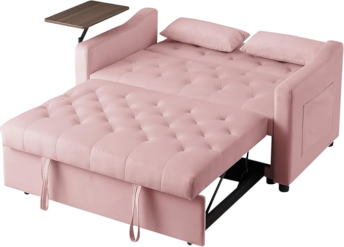 3-in-1 Convertible Sleeper Sofa Bed, Pullout Couch with 360° Swivel Side Table, Modern Chenille Fabric, Easy to Assemble, Folding Loveseat Sofa Bed for Living Room & Guest Room