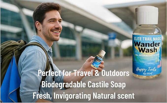 Elite Trail Magic- Wander Wash Biodegradable Castile Soap – Ultralight 1 oz Concentrated Liquid Soap for Camping, Travel & Backpacking – All Purpose, Unscented, Made in USA