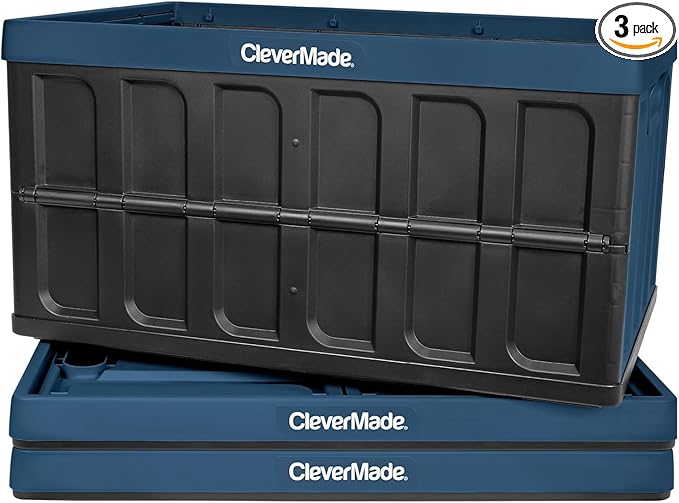 CleverMade Collapsible Storage Bins - Ocean 3 Pack 62L / 16 Gal holds 75 lbs - Stackable Containers Heavy Duty Capacity Crates Space-Saving