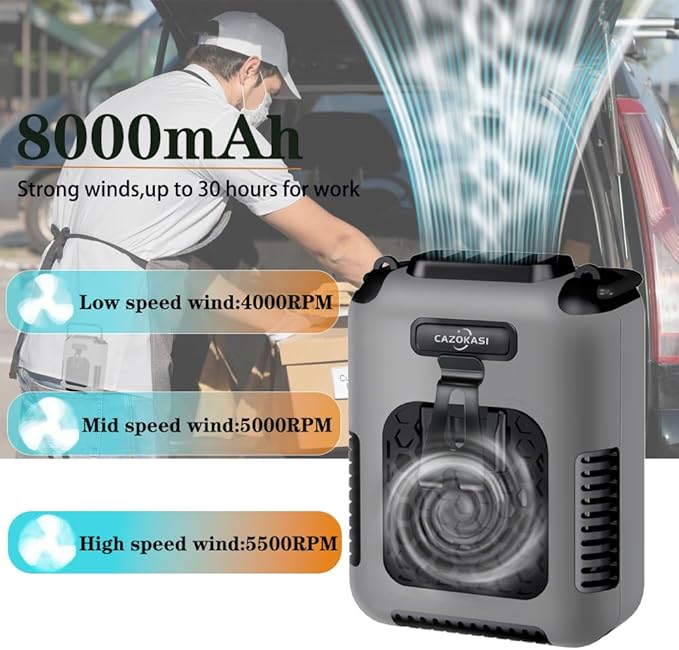 CAZOKASI Upgrade Waist Clip Fan Wearable Fan Portable Cooling and Heatstroke Prevention Fan (Industrial orange black) (Grey / 8000mAh)