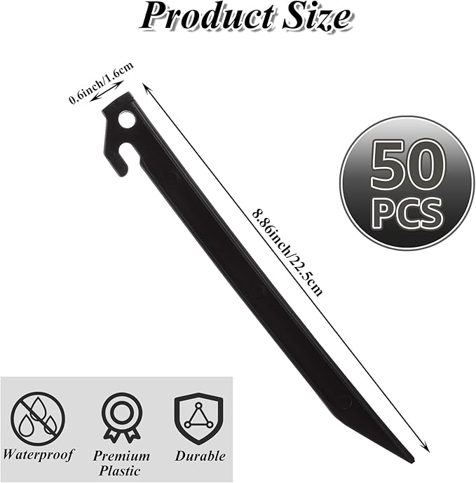 50 Pack Plastic Tent Stakes 9 Inch, Heavy Duty Tent Pegs Garden Landscape Stakes, Spike Hook Canopy Stakes for Camping Gardening Backpacking Outdoor Lawn Tarp (Black)