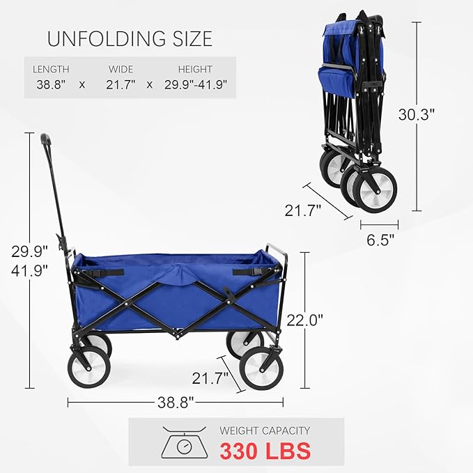Garden Cart Folding Wagon Garden Cart Collapsible Wagon with Adjustable Handle &360°Universal Wheels for Garden Camping Shopping Beach (Blue)