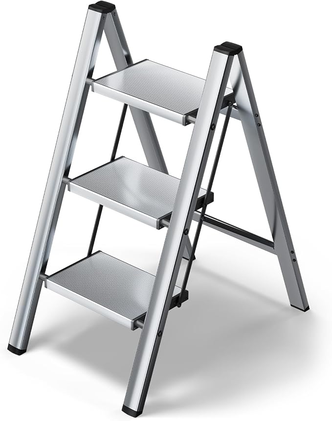 HillhutApex 3 Step Stool, Aluminum Foldable Step Ladder, Lightweight Stable Stool with Wide Non-Slip Pedals, 330lbs Bearing Capacity Ladder for Office,Home,Kitchen - Silver