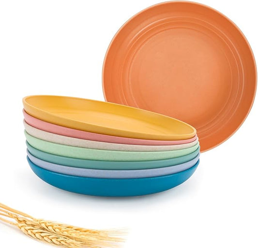 7.9 Inch Wheat Straw Dinner Plates Set of 8, Unbreakable Plastic Reusable Plates for Kitchen, Camping, Small Lightweight Deep Dinnerware Set, Dishwasher and Microwave Safe Plates, Non-Toxic, BPA Free