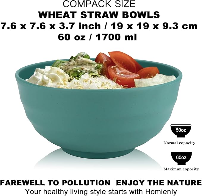 Homienly Wheat Straw Large Bowls, 60 OZ Salad Bowls Set of 8, Unbreakable Large Serving Bowl for Kitchen, Camping, Microwave and Dishwasher Safe Big Plastic Bowl Set Reusable-Green