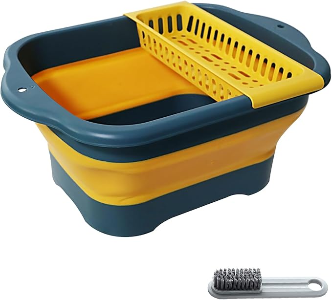 2.77 Gallon (10.5L) Collapsible Dish Basin with Drain Plug, Yellow Camping Dish Basin for RV, Space-Saving Foldable Wash Tub, BPA-Free Portable Sink for Vegetables and Dishes- with Brush