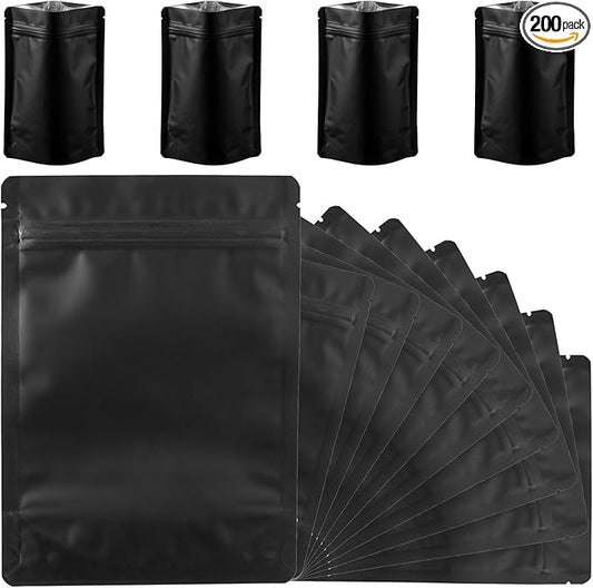 200 Pcs Mylar Bags for Food Storage 5x7 Smell Proof Bag Stand Up, Foil Resealable Bags for Food, Freeze Dried Candy Packaging Sealable Pouch Jewelry Bracelet Pouch for Small Business, Black