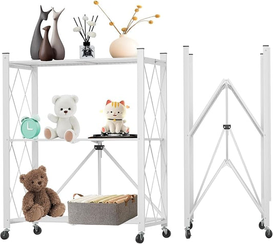 3 Tier Foldable Storage Shelf with Wheels, Heavy Duty Garage Shelving Unit Loads 550 LBS, Metal Steel Collapsible Shelves, Rolling Standing Utility Rack for Kitchen, Pantry, Office, White