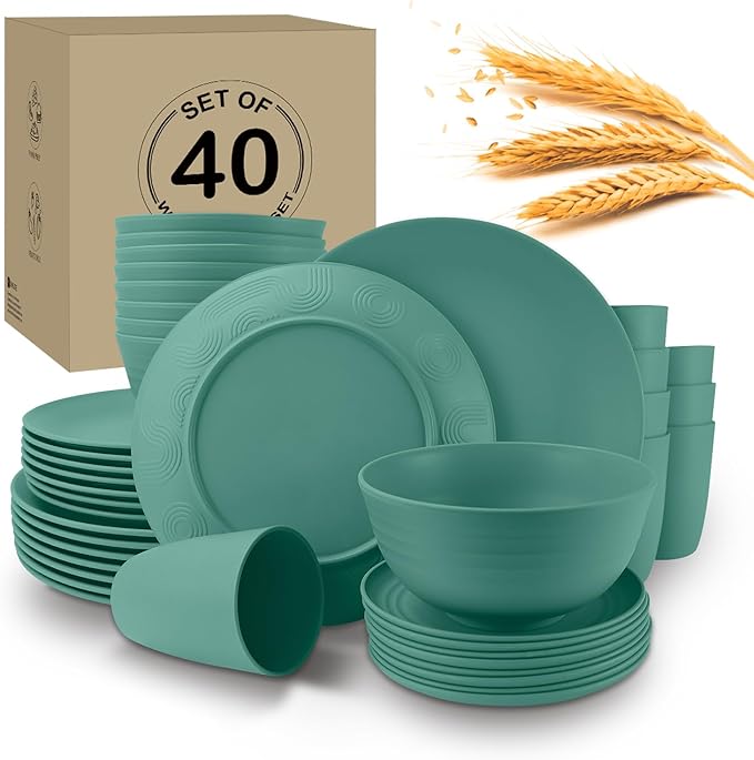 40Pack plates and bowls sets for kids - Unbreakable wheat straw dinnerware sets service for 8 - Alternative plastic 40pcs dish sets for kitchen, camping and indoors dinning - (Green)