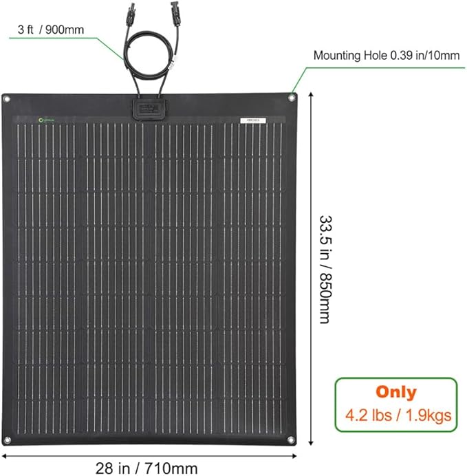 100W 12V ETFE Flexible Solar Panel, 33.5x28in, PERC 9BB 23.5%+ Efficiency Mono Solar Cells, for Campers, RVs, Boats, Tent