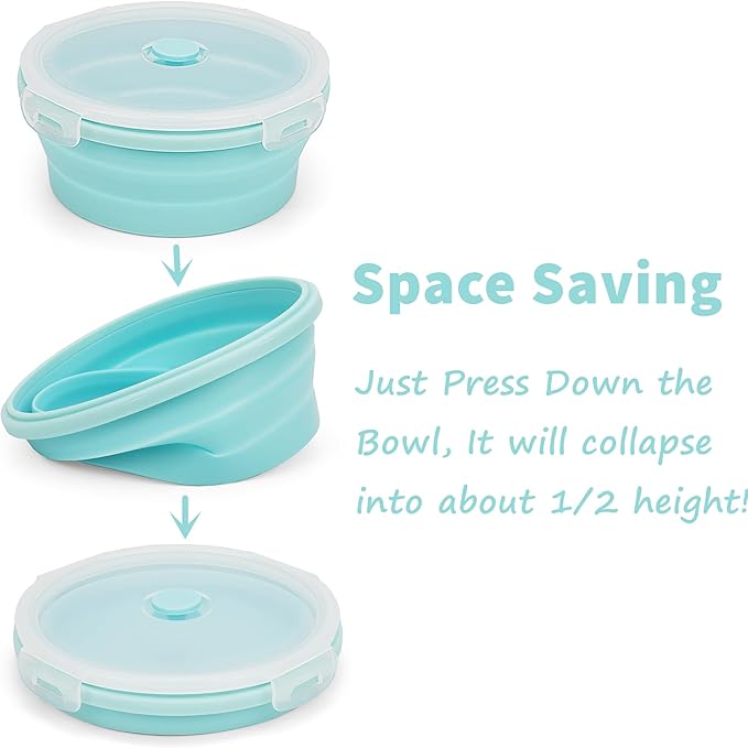 CARTINTS Silicone Collapsible Food Storage Containers-Prep/Storage Bowls with Lids – Set of 4 Round Silicone Lunch Containers – Microwave and Freezer Food Containers (Blue)