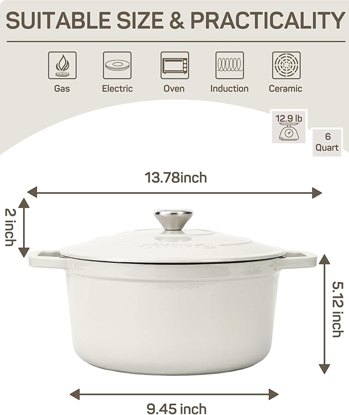 6 QT Dutch Oven Pot with Lid, Enameled Cast Iron Dutch Oven for Bread Making, Braiser, Cooking, Dual Handles, Oven Safe up to 500° F or on Stovetop, Gifts for Family - Off White