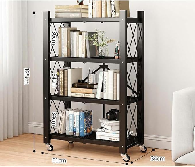 4-Tire Storage Rack, 28 * 13 * 50in Foldable Metal Garage Storage Shelves Organizer, Portable Metal Kitchen Shelving, Closet Shelving Unit Bakers Rack Microwave Stand, Black(Tiered Shelf-4)