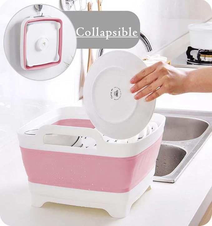 9L (2.4Gal Dish Basin Collapsible with Drain Plug Carry Handles , Space Saveing Kitchen Storage Tray Dish Wash Basin, Portable Dish Tub for Camping ,RV,Pink