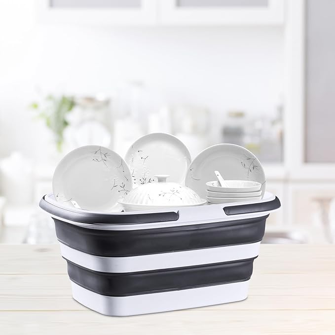 2.1 Gal(8 L) Small Collapsible Mop Bucket with Handle – Durable Plastic Square Silicone Cleaning Bucket for Mopping, Car & Window Washing – Space-Saving Storage Organizer – Pair of Silicone Gloves