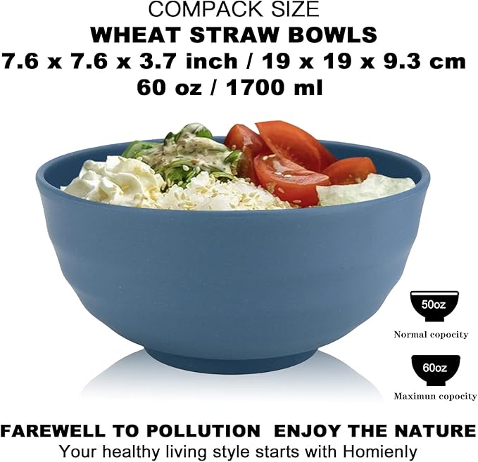 Homienly Wheat Straw Bowls, 60 OZ Salad Bowls,Large Serving Bowls Set of 8, Unbreakable Big Bowl for Kitchen,Ramen,Cereal,Salad,Serving Reusable, Microwave and Dishwasher Safe Bowl-Blue