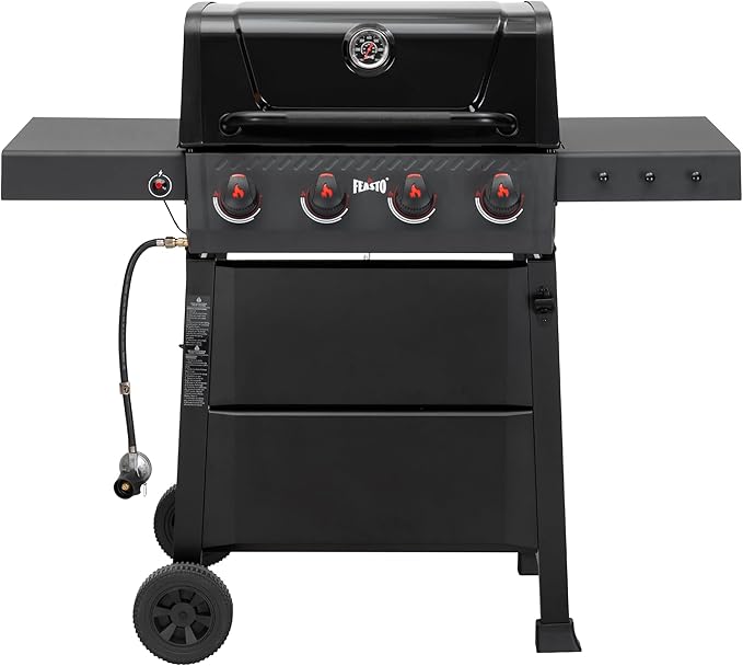 4-Burner Propane Gas Grill with 2 Side Tables, Outdoor BBQ Grill with Porcelain-Enameled Grates for Backyard, 36,000 BTU Powerful grills for Outdoor Cooking, Black