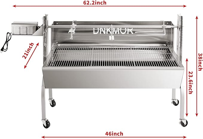 Rotisserie Grill Stainless Steel Charcoal Spit Roaster, 50" Pig Lamb Hooded Roaster Charcoal Spit with 30W Motor & Adjustable Height Lockable Casters for Outdoor Camping Party, Rated 150 LB