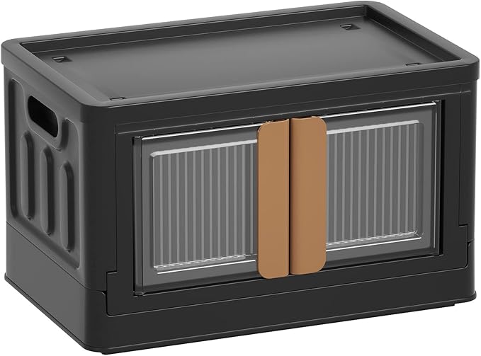 HAIXIN Storage Bins with 6 Lids - 8.4 Gal Closet Cabinet 6 Pack Plastic Stackable Organizers with Front Opening Door Black Foldable Storage Box for Home Garage Office Craft