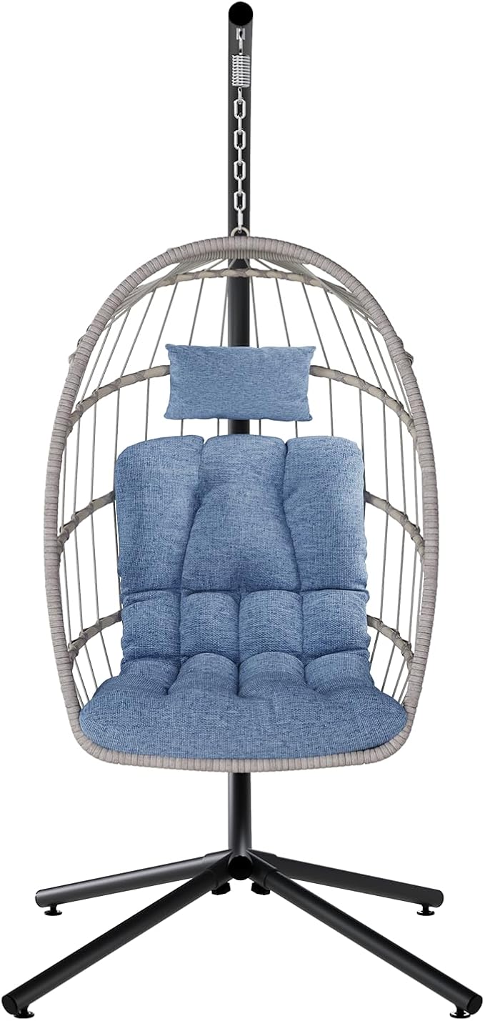 SWITTE Egg Chair Outdoor with Stand, Indoor Wicker Hanging Egg Swing Chair with Cushion, 350lbs Capacity for Patio, Bedroom, Garden - Light Blue