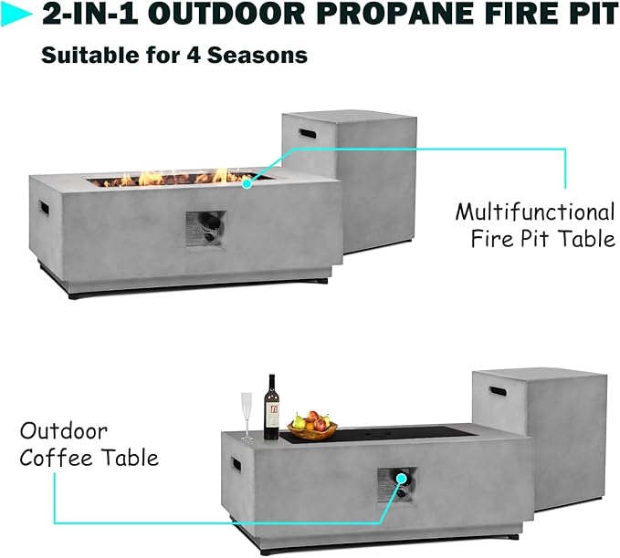 42" Rectangular Propane Fire Pit – 3-Piece 50,000 BTU Concrete Fire Pit with Glass Wind Guard and Tank Cover Table – Outdoor Firepits – Gas Fireplace for Deck or Patio