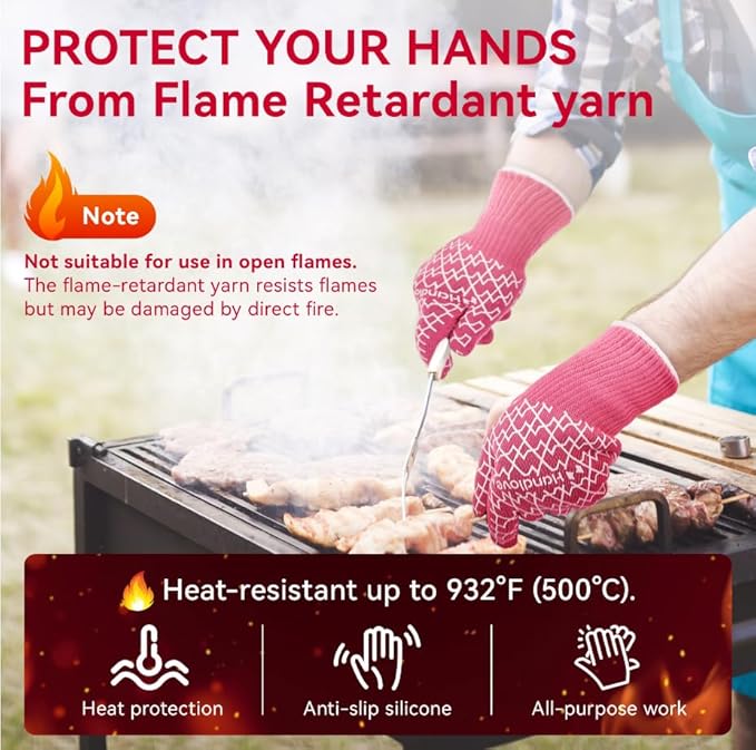 HandLove BBQ Gloves, Oven Gloves with Fingers – Heat Resistant Gloves for Grilling | Silicone Grip, Long Cuff Mitts - Kitchen & Outdoor Barbecue, Cooking, Baking, Pink S