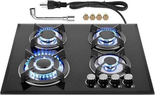 Gas Stovetop 4 Burner, Built-in/Countertop Propane Gas Cooktop, LPG/NG Dual Fuel Convertible Gas Stove Top with Thermocouple Protection, Black Tempered Glass, 27400BTU