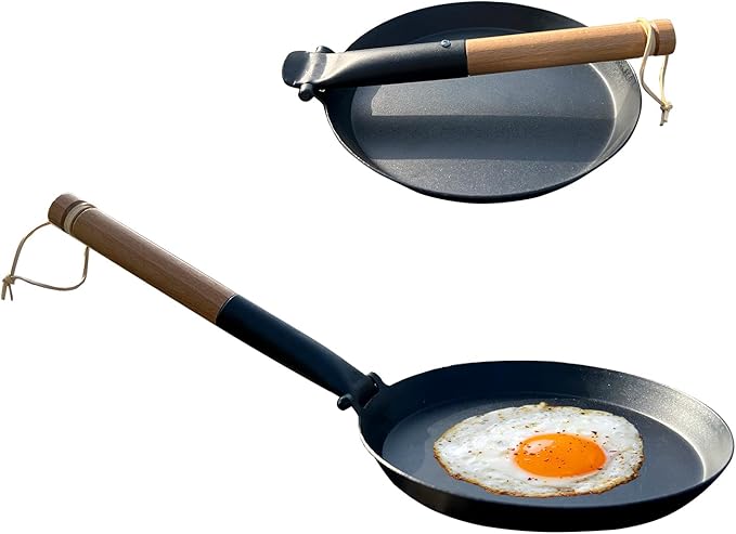 8.2 Inch Non Stick Frying Pan, Pre-Seasoned Carbon Steel Grill Pan with Folding Handle, Camping Indoor & Outdoor Cooking, Easy to Clean, Suitable for All Kinds of Stoves