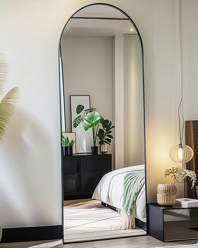 58"x18" Arched Full Length Mirror, Floor Mirror with Stand, Freestanding,Wall Mounted Hanging or Leaning Arched-Top Full Body Mirror for Bedroom, Dressing Room -Black