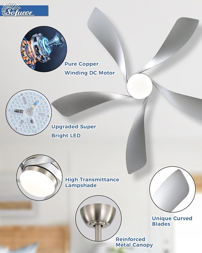 Sofucor 52 Inch Ceiling Fans with Lights and Remote, Outdoor Ceiling Fan with Light 6-Speed 3 CCT 3-Timer, Modern Low Profile Ceiling Fan 5 Blade Reversible DC Motor for Living Room Bedroom Patio