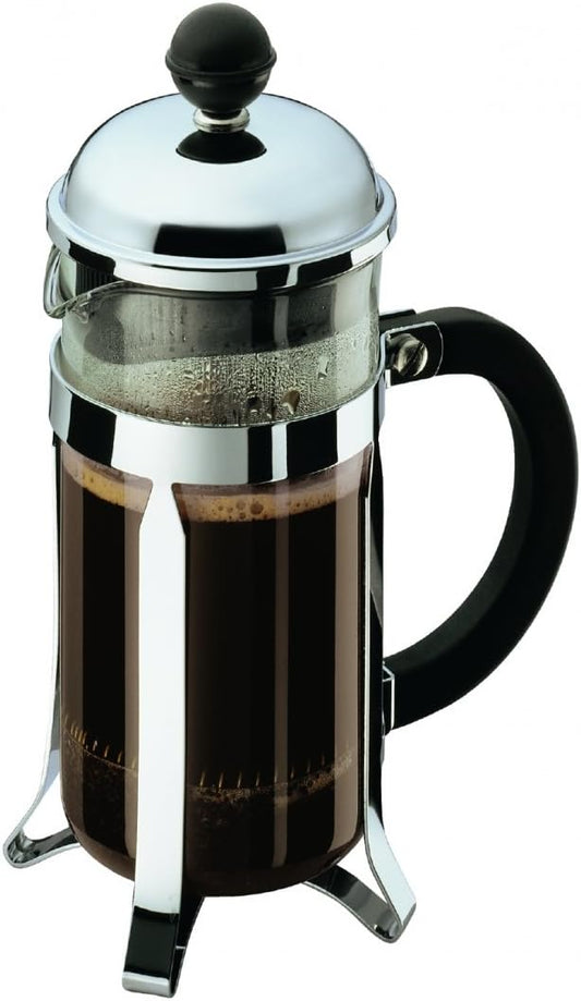 Bodum 12oz Chambord French Press Coffee Maker, High-Heat Borosilicate Glass, Polished Stainless Steel – Made in Portugal