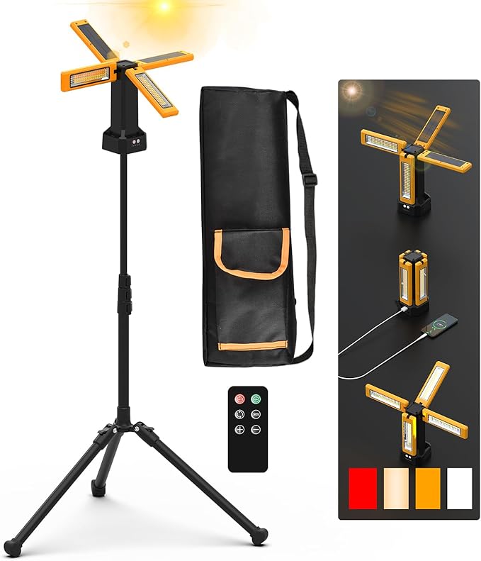 13200mAh Rechargeable Solar Work Light, IPX4 Waterproof with Folding Stand Support and Portable Carrying Bag, 8000 Lumen Stepless Dimmable, 4 Lighting Modes, White/Warm/Warm White (Remote)