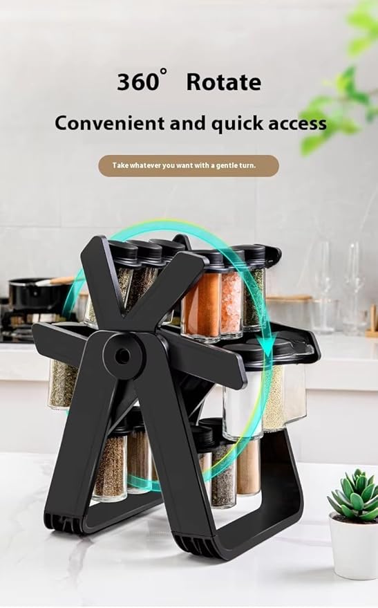 A&K's Rotating Spice Rack Organizer, 18 Glass Jars, 360-Degree Turntable, Black, Comes with Spice Label Stickers, Funnel, and Water Pen. Best for Kitchen Organization, Countertop, Pantry, and Cabinet.