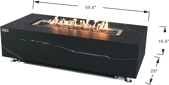 Elementi+ | Varna Gas Fire Pit | Marble Porcelain & Metal Frame | 60" Rectangular Fire Table | Electronic Ignition | Canvas Cover, Fire Glass & Burner Lid Included | Black | Propane Gas