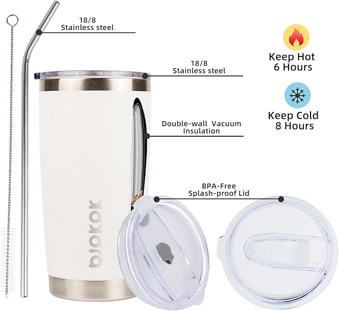 BJPKPK 20 oz Stainless Steel Insulated Tumbler Cups Coffee Mug With Lid And Straw,White