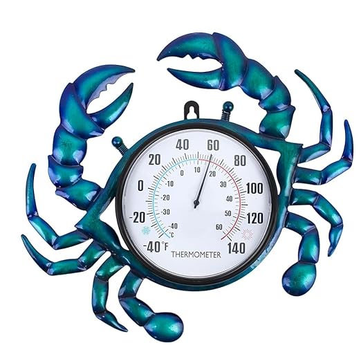14" Crab Shape Outdoor Thermometer, Indoor Thermometer No Need Battery, Metal Wall Thermometer Easy to Read for Patio Garden Living Room Decor