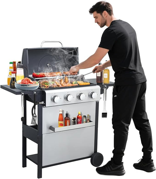 4-Burner Propane Gas BBQ Grill, 34200BTU Stainless Steel Barbecue Grill With Wire Enamel Cooking Grids, Foldable Side Table for Outdoor Camping (Style11: 4 Burner)