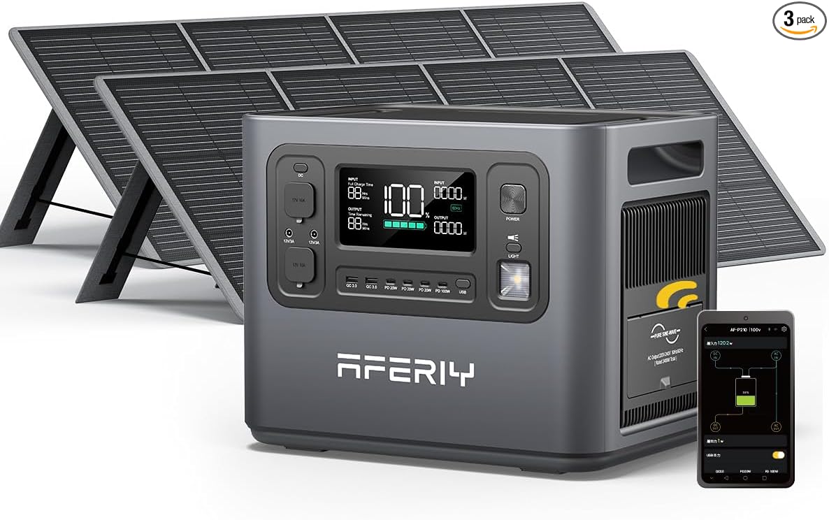 AFERIY Solar Generator P210 with 2pcs 200W Solar Panel | 2400W Portable Power Station 2048Wh | AC Output with 120V,2400W,Solar Generator for Home Use,Outdoor Camping,Power Outage, Camping,Emergencies